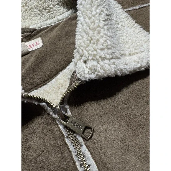 Vtg Aeropostale Faux Suede Leather Jacket Sherpa Lined Men's Large Brown 90s Y2K